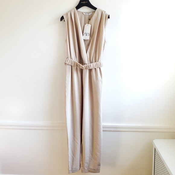 New Zara Textured Linen Blend V-Neck Sleeveless Belted Tan Jumpsuit NWT Size M - Picture 10 of 16
